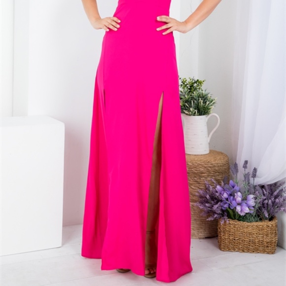 FUCHSIA SPAGHETTI STRAP WITH BACK ZIP CLOSURE DOUBLE SLIT MAXI DRESS - Picture 7 of 9